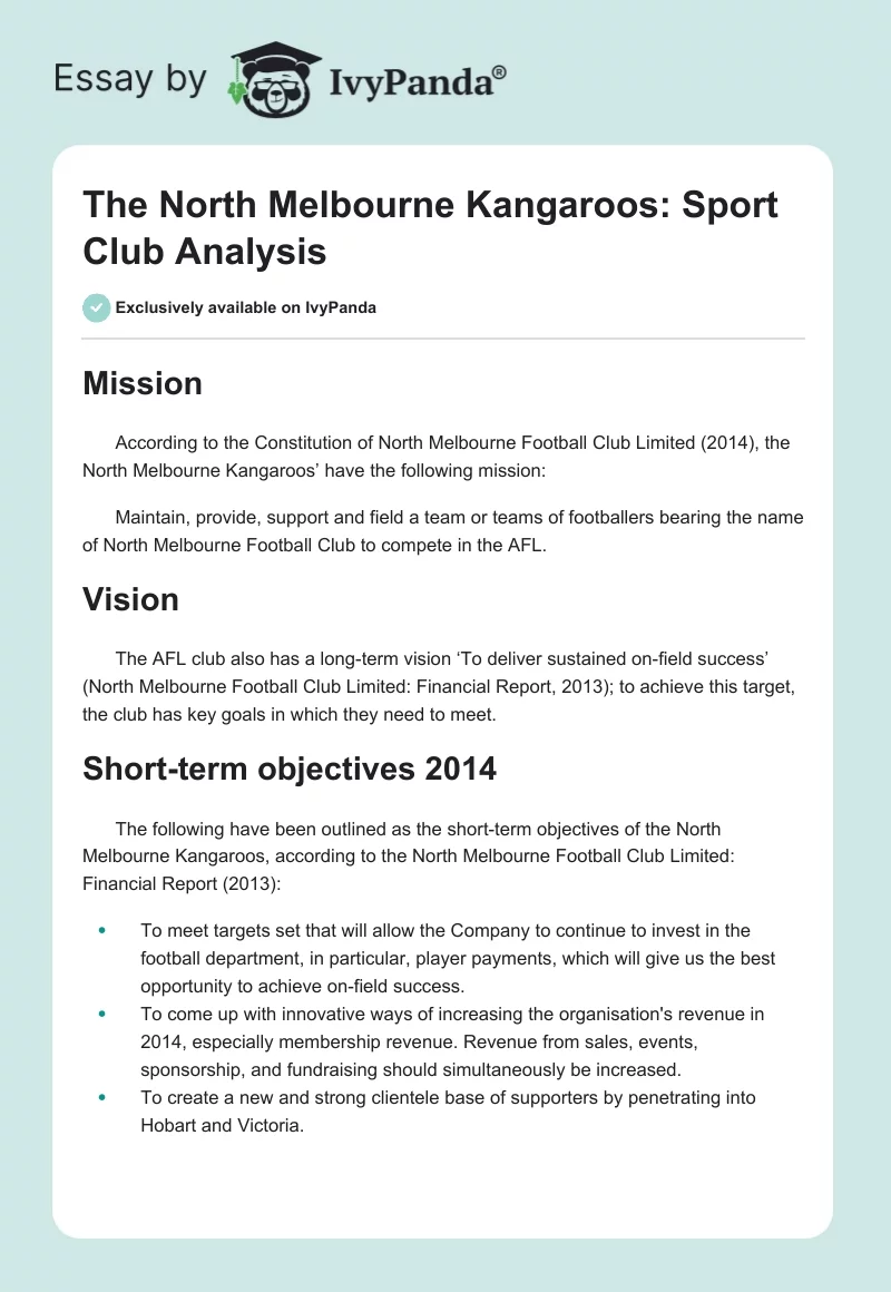 The North Melbourne Kangaroos: Sport Club Analysis. Page 1