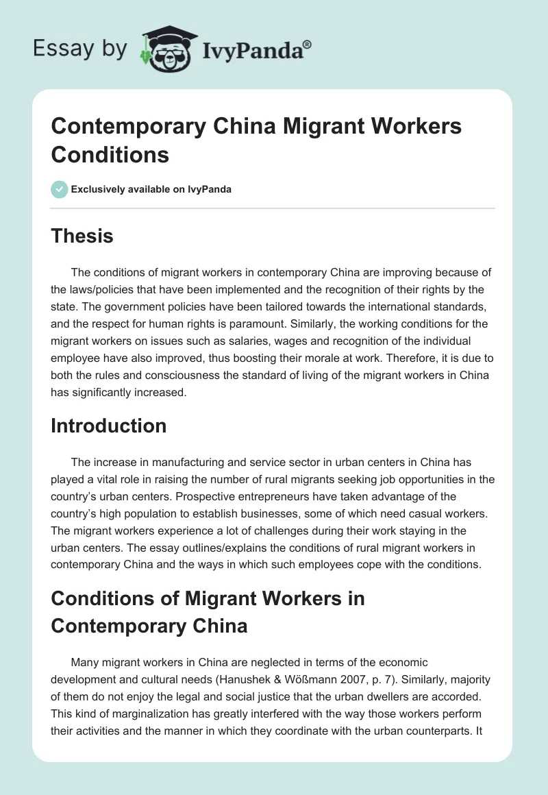 Contemporary China Migrant Workers Conditions. Page 1