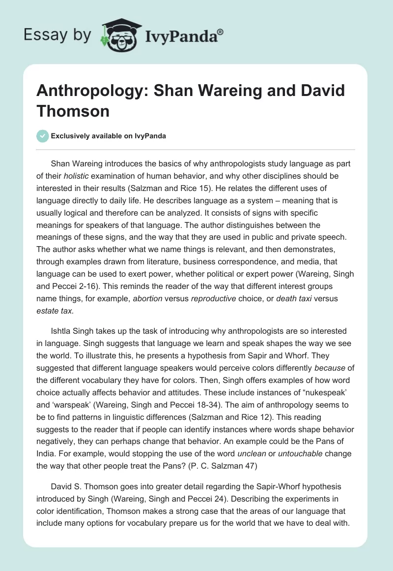 Anthropology: Shan Wareing and David Thomson. Page 1