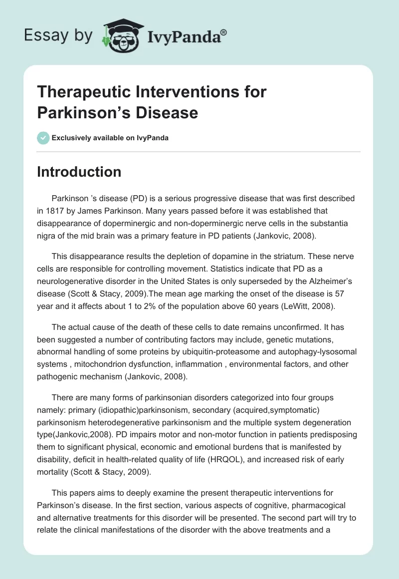 Therapeutic Interventions for Parkinson’s Disease. Page 1
