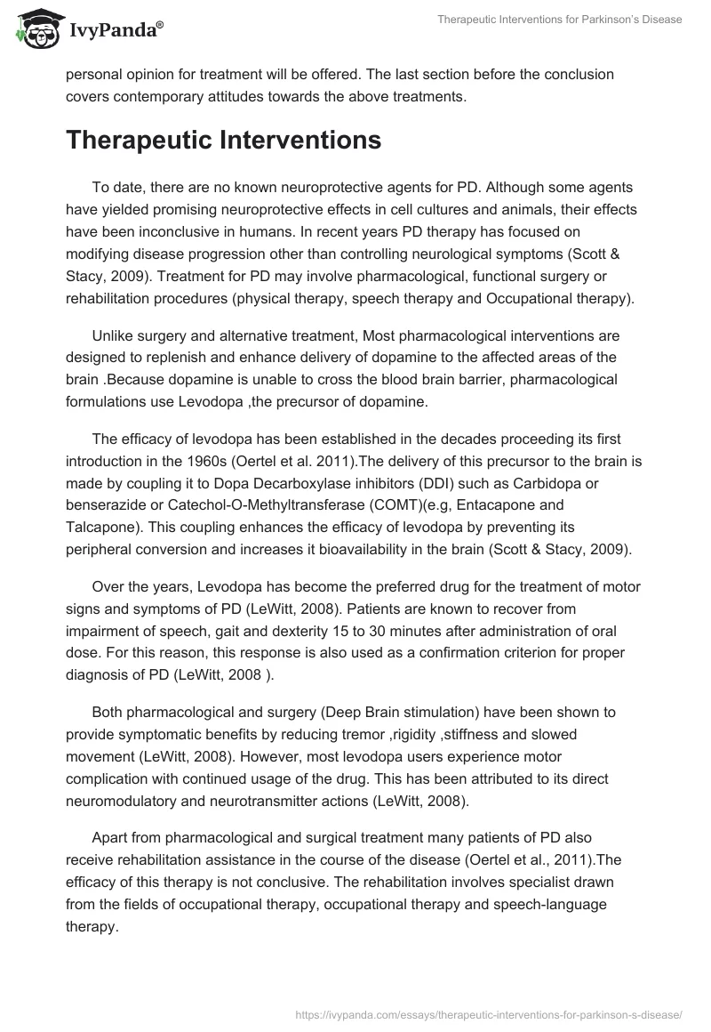 Therapeutic Interventions for Parkinson’s Disease. Page 2