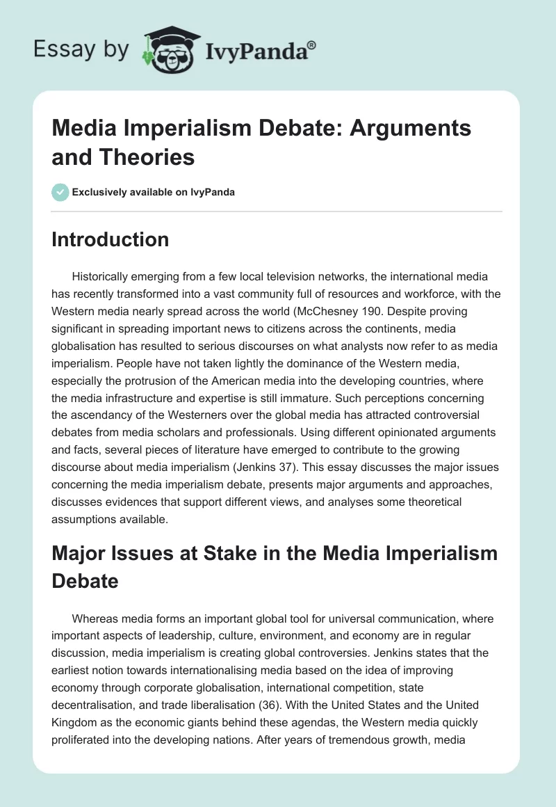 Media Imperialism Debate: Arguments and Theories. Page 1