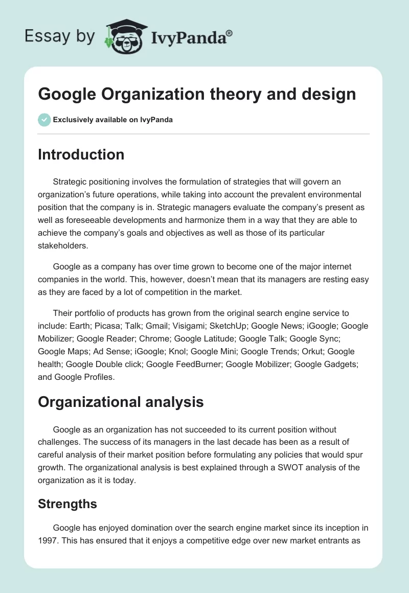 Google Organization theory and design. Page 1