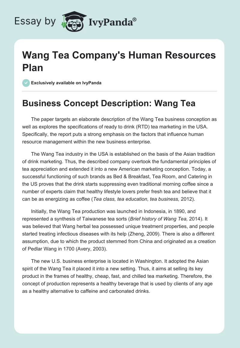 Wang Tea Company's Human Resources Plan. Page 1