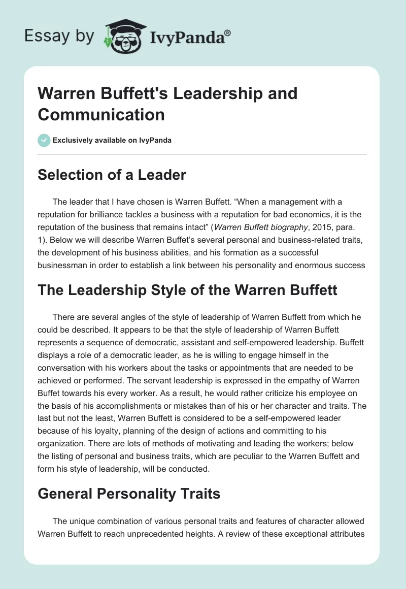 Warren Buffett's Leadership and Communication. Page 1