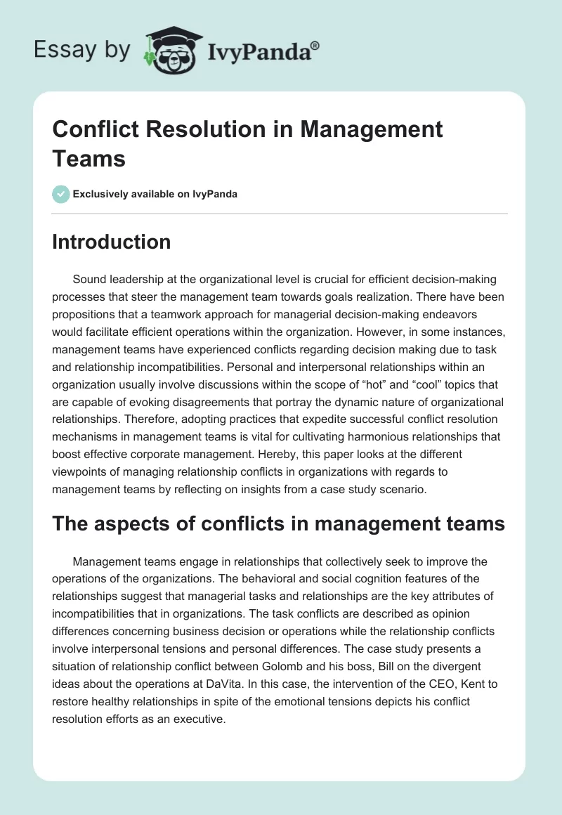 Conflict Resolution in Management Teams. Page 1