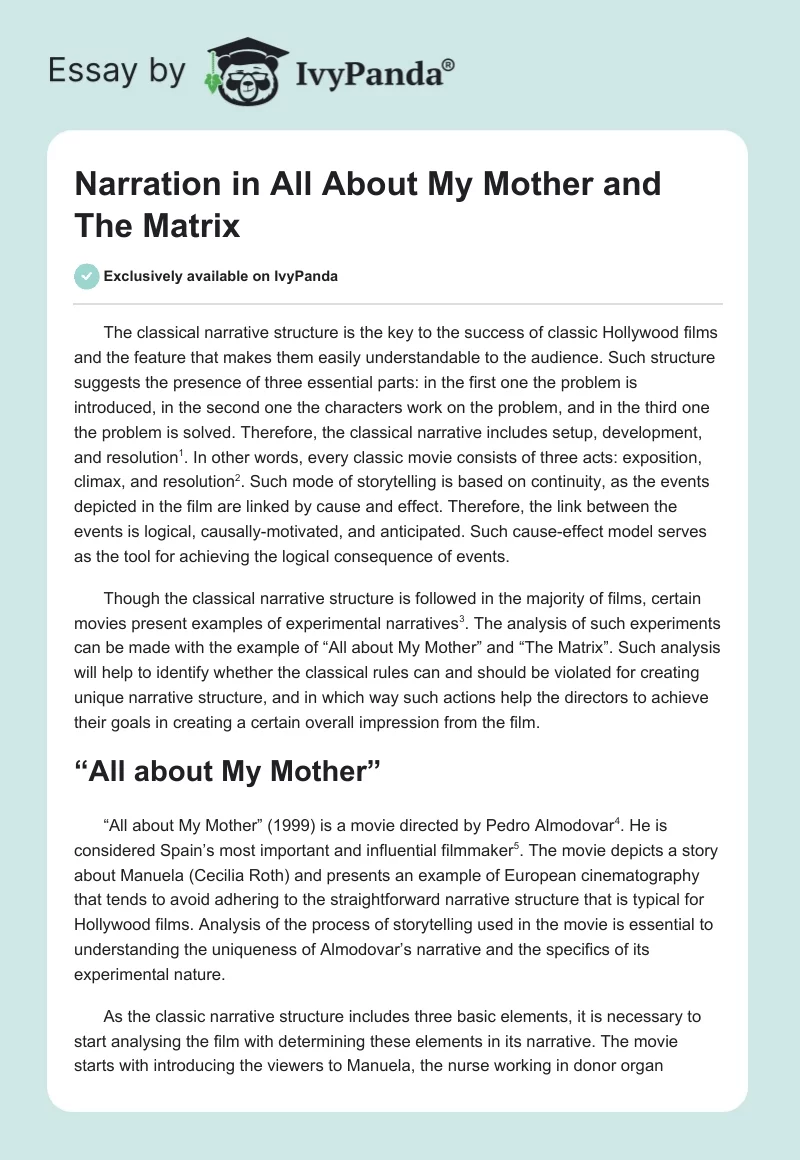 Narration in "All About My Mother" and "The Matrix". Page 1
