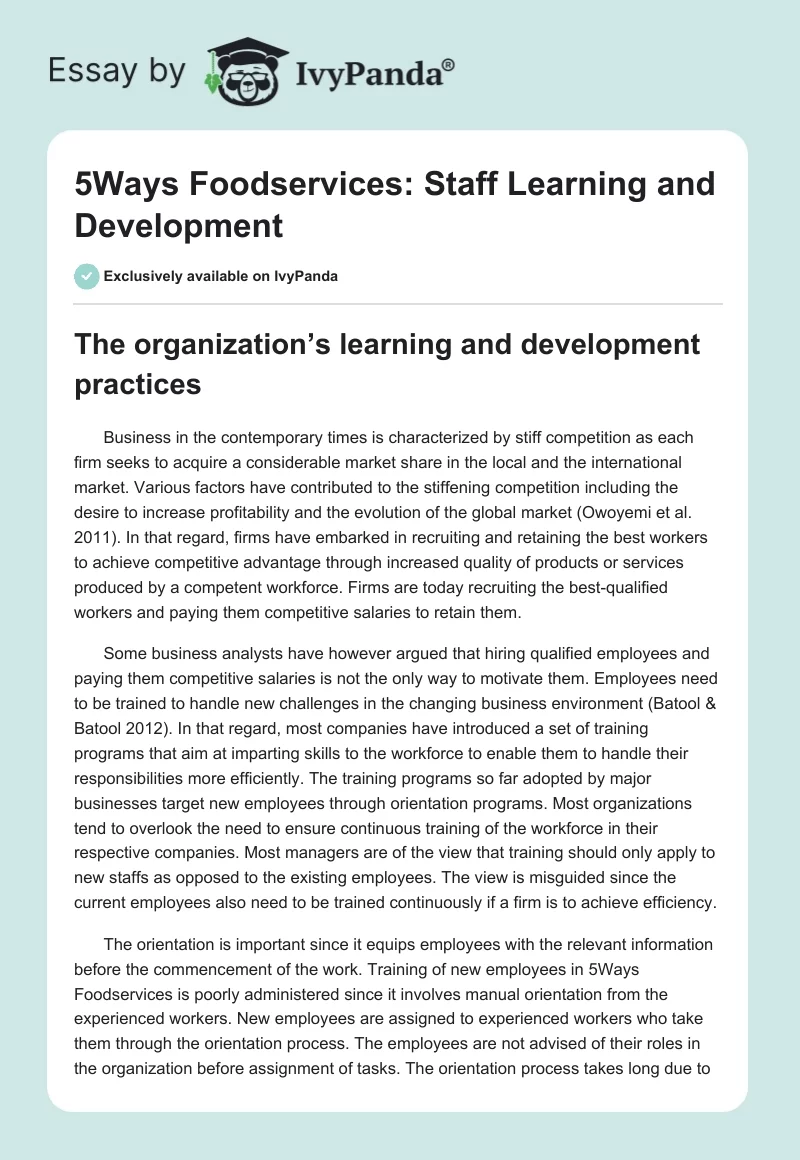 5Ways Foodservices: Staff Learning and Development. Page 1