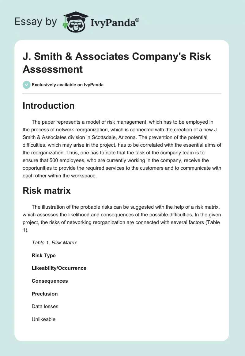 J. Smith & Associates Company's Risk Assessment. Page 1