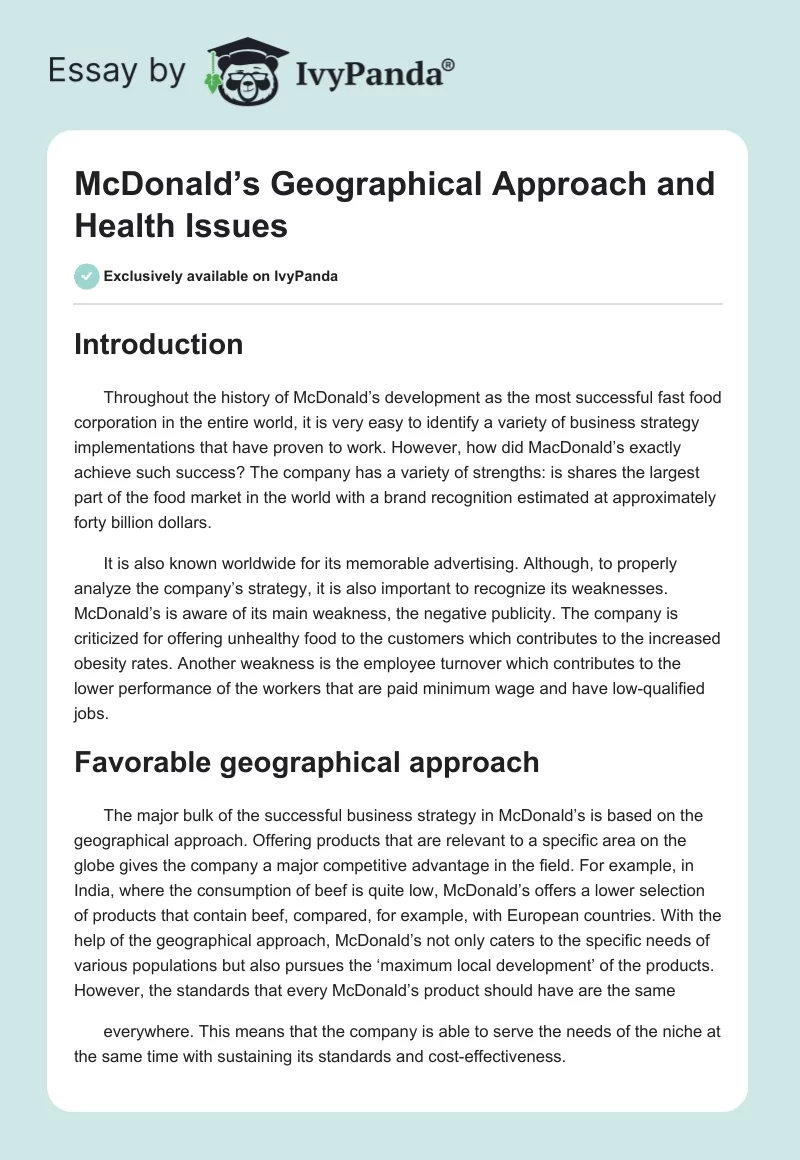 McDonald’s Geographical Approach and Health Issues. Page 1