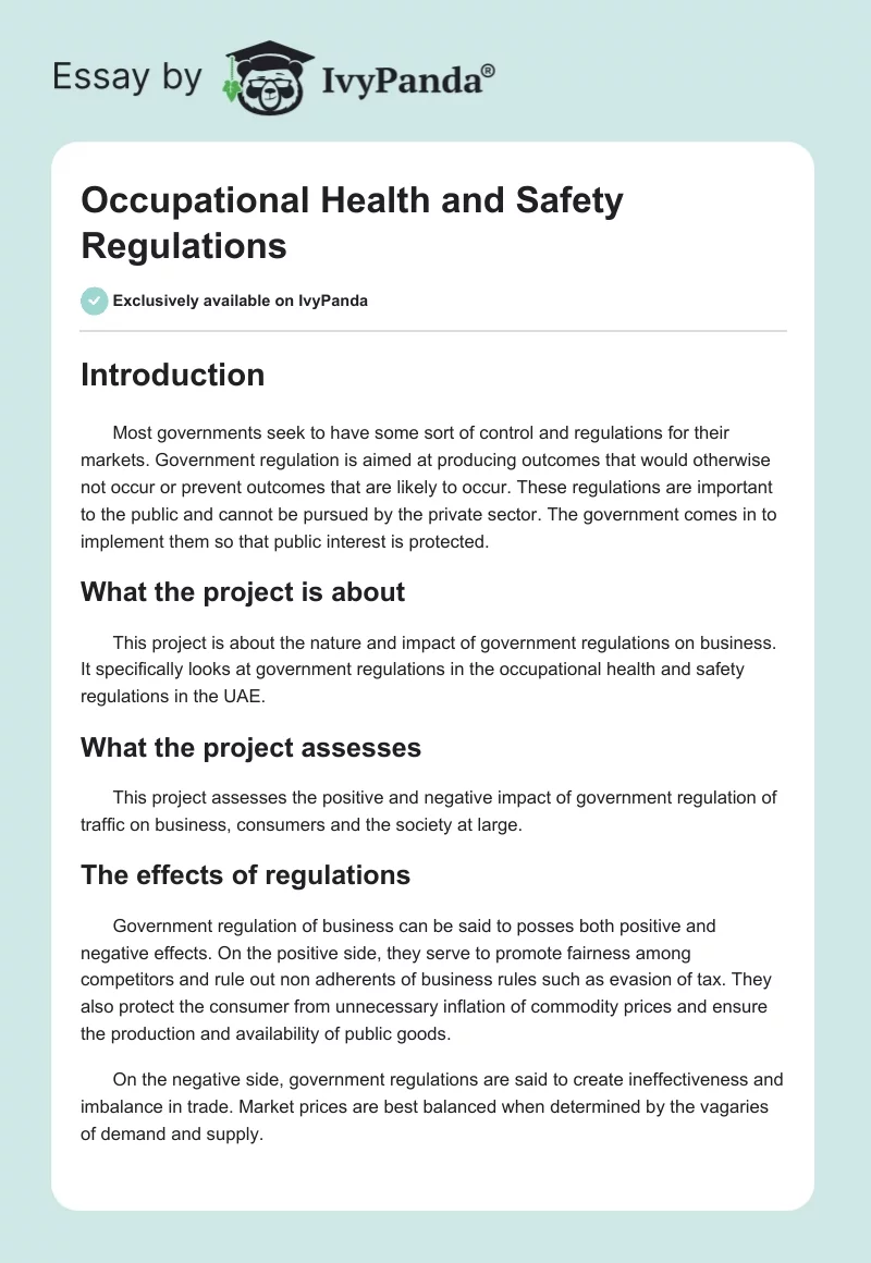 Occupational Health and Safety Regulations 2388 Words Research