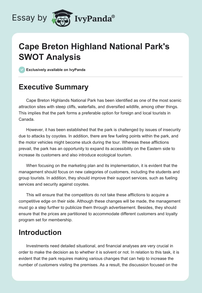 Cape Breton Highland National Park's SWOT Analysis. Page 1