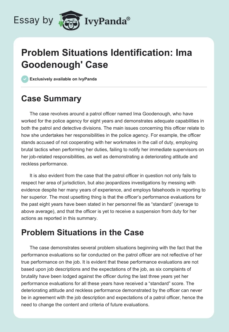 Problem Situations Identification: Ima Goodenough' Case. Page 1