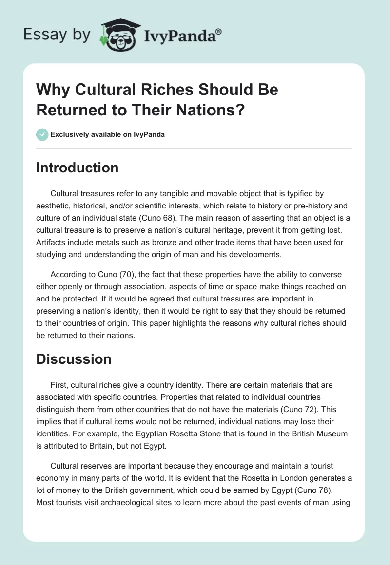 Why Cultural Riches Should Be Returned to Their Nations?. Page 1