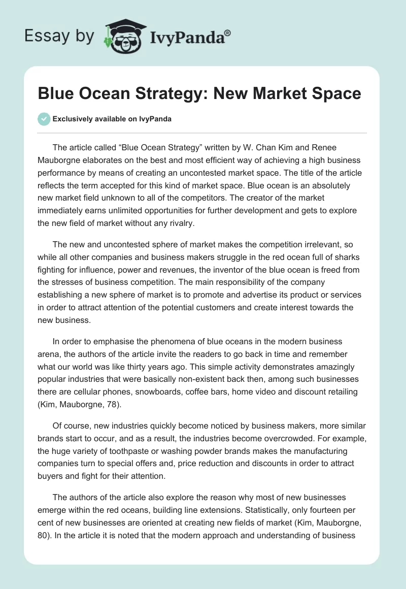 Blue Ocean Strategy: New Market Space. Page 1