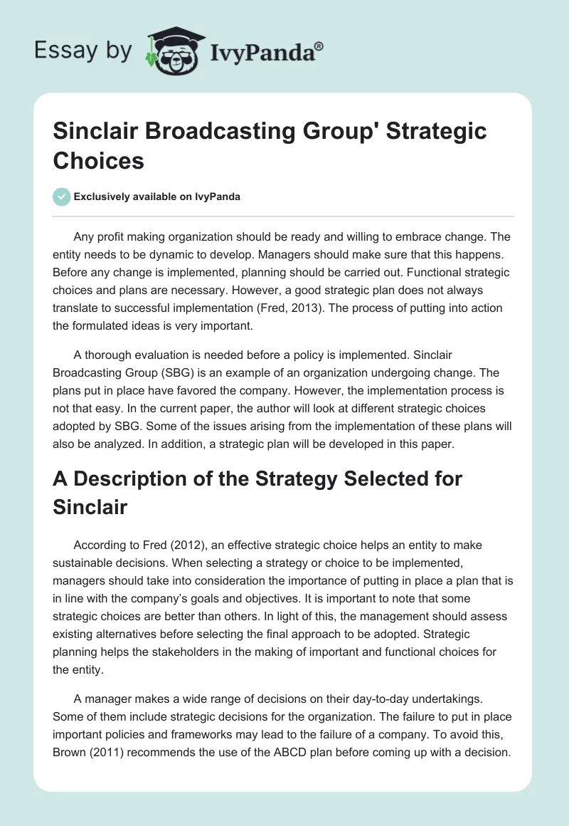 Sinclair Broadcasting Group' Strategic Choices. Page 1