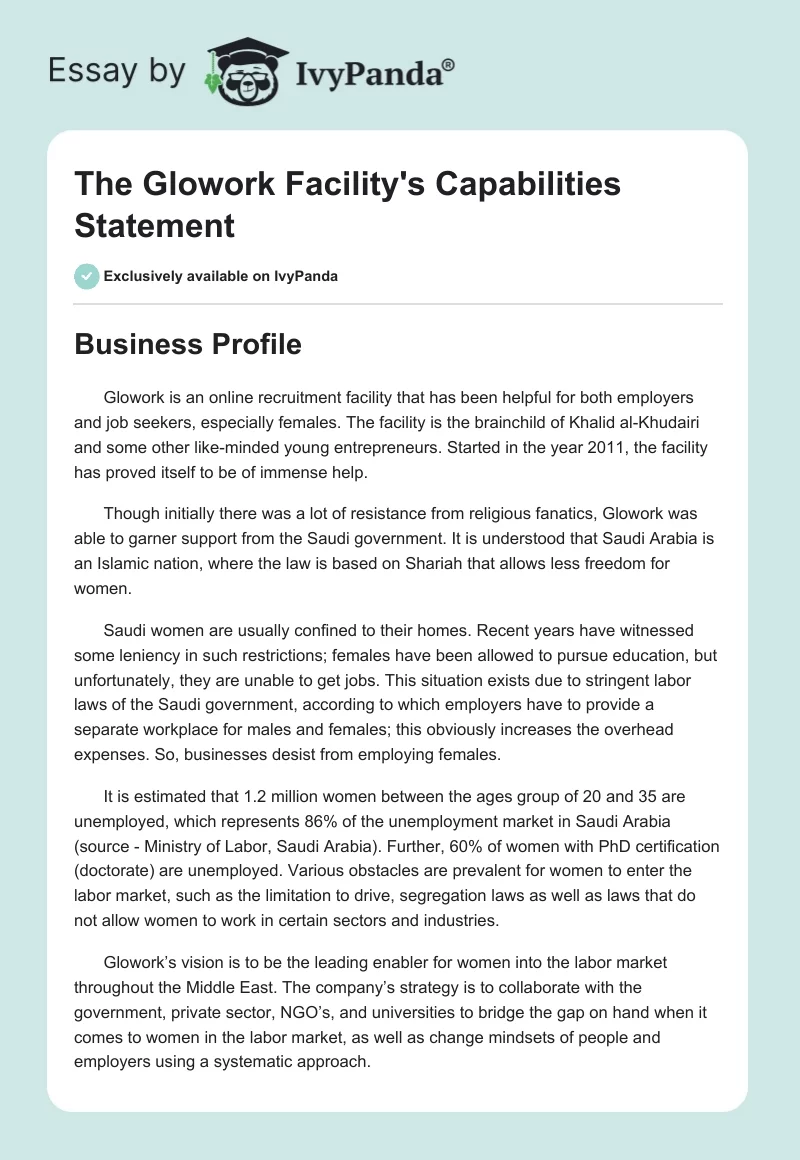 The Glowork Facility's Capabilities Statement. Page 1