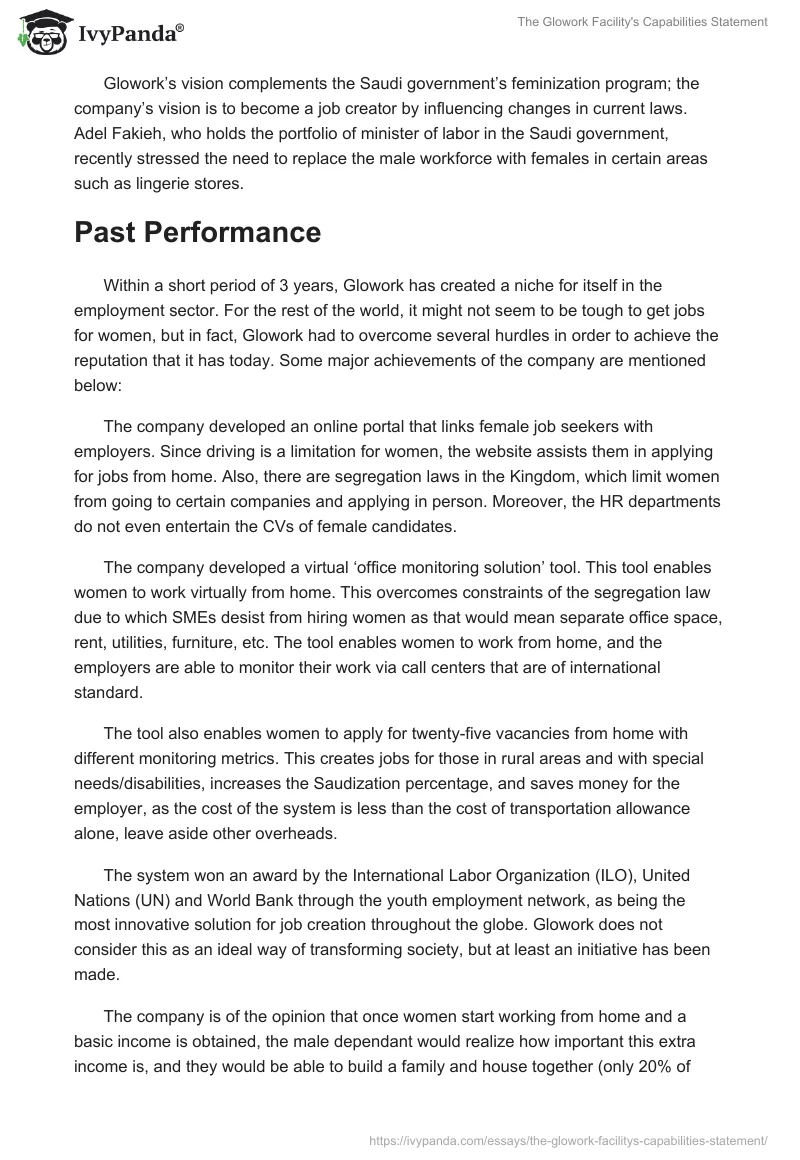 The Glowork Facility's Capabilities Statement. Page 2