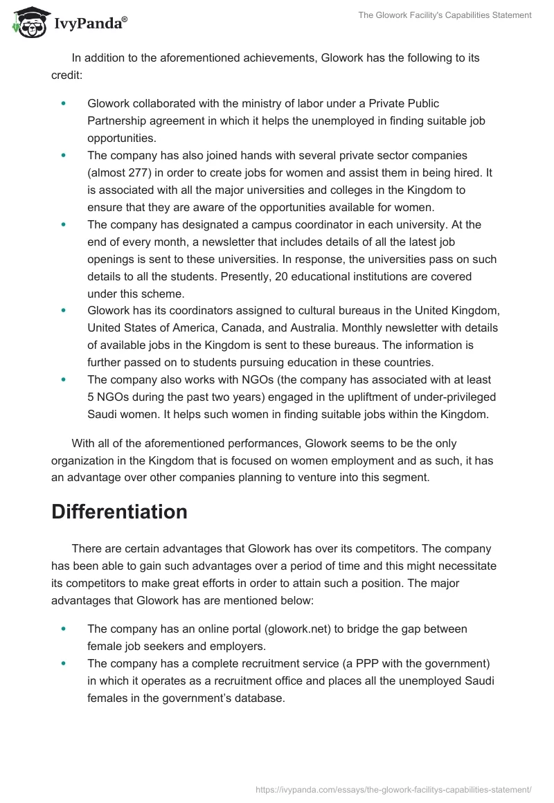 The Glowork Facility's Capabilities Statement. Page 4