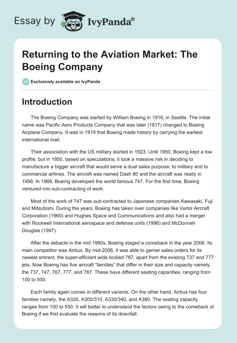 Returning to the Aviation Market: The Boeing Company. Page 1