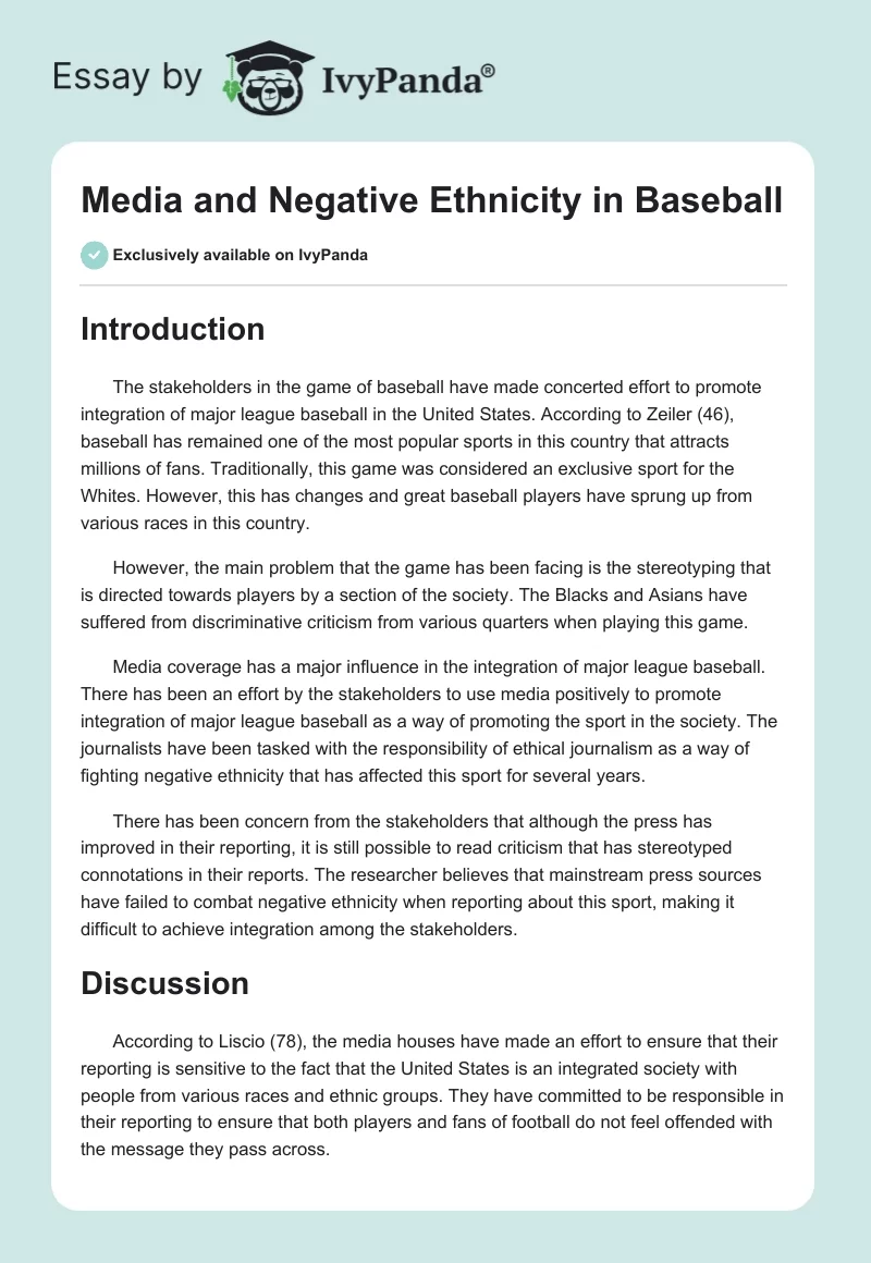 Media and Negative Ethnicity in Baseball. Page 1