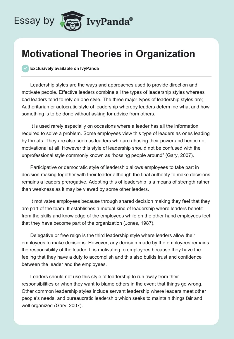 Motivational Theories in Organization. Page 1