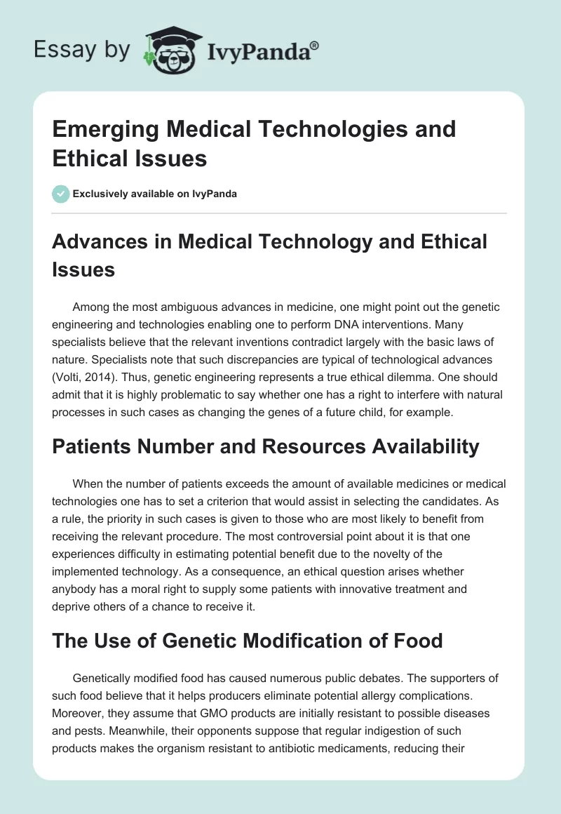 Emerging Medical Technologies and Ethical Issues. Page 1