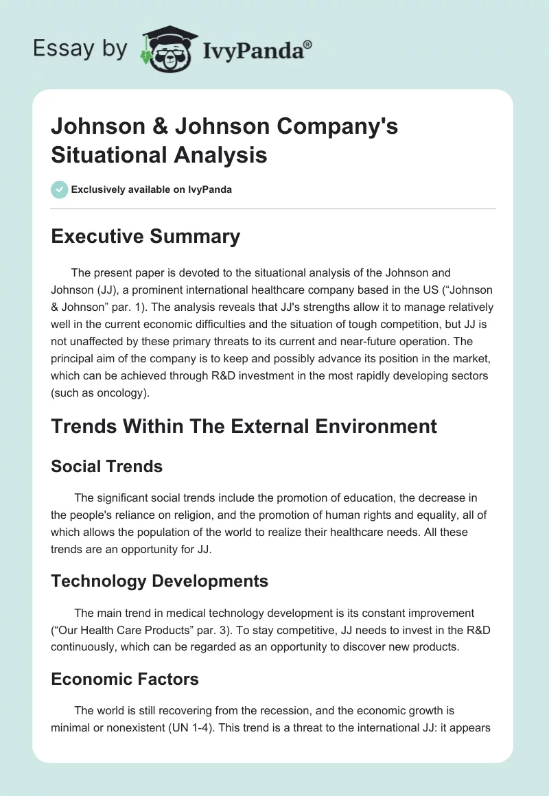 Johnson & Johnson Company's Situational Analysis. Page 1