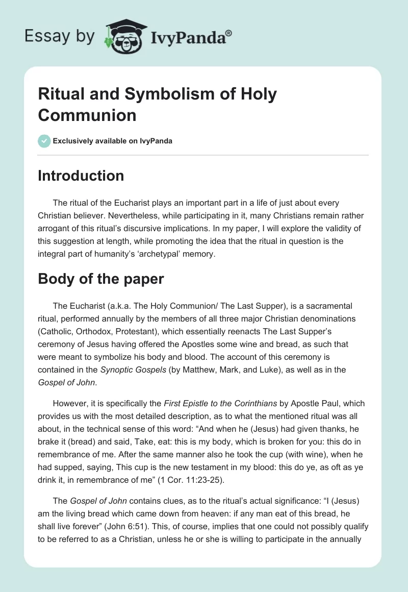 Ritual and Symbolism of Holy Communion. Page 1