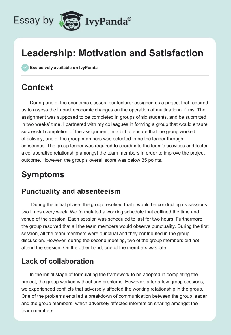 Leadership: Motivation and Satisfaction. Page 1