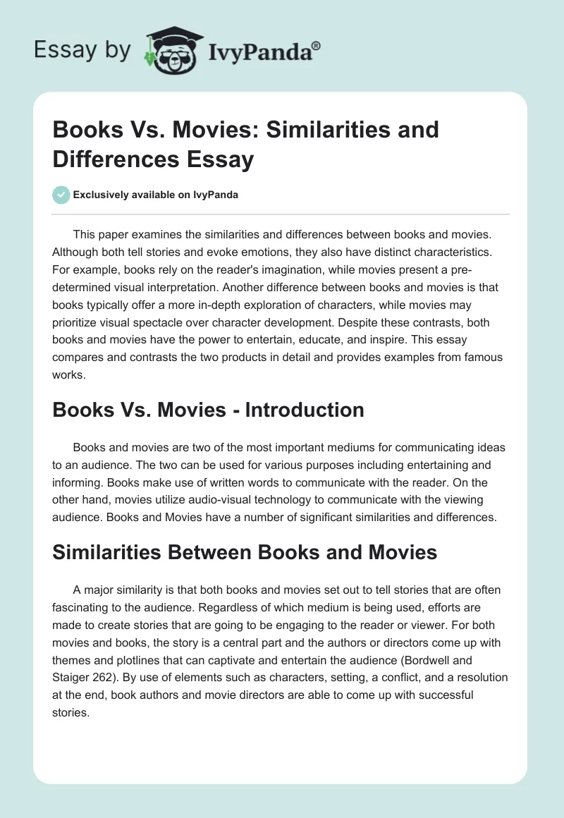 Books Vs. Movies: Similarities and Differences Essay. Page 1