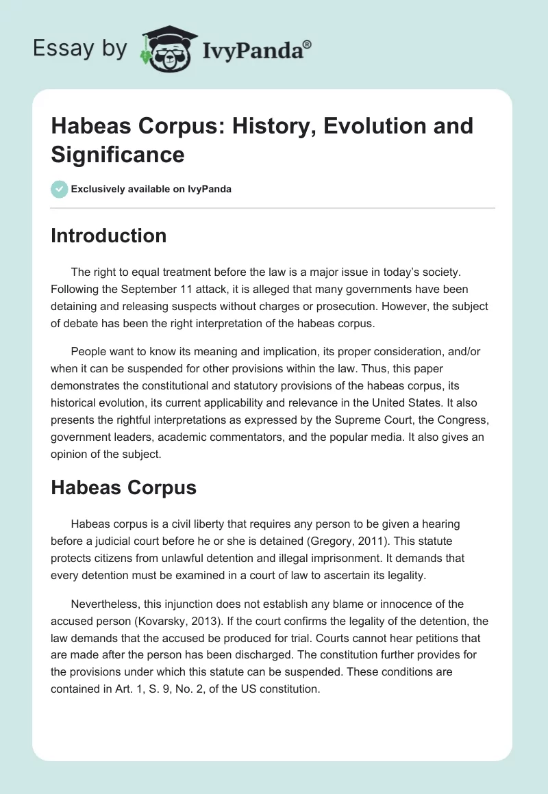 Habeas Corpus: History, Evolution and Significance. Page 1