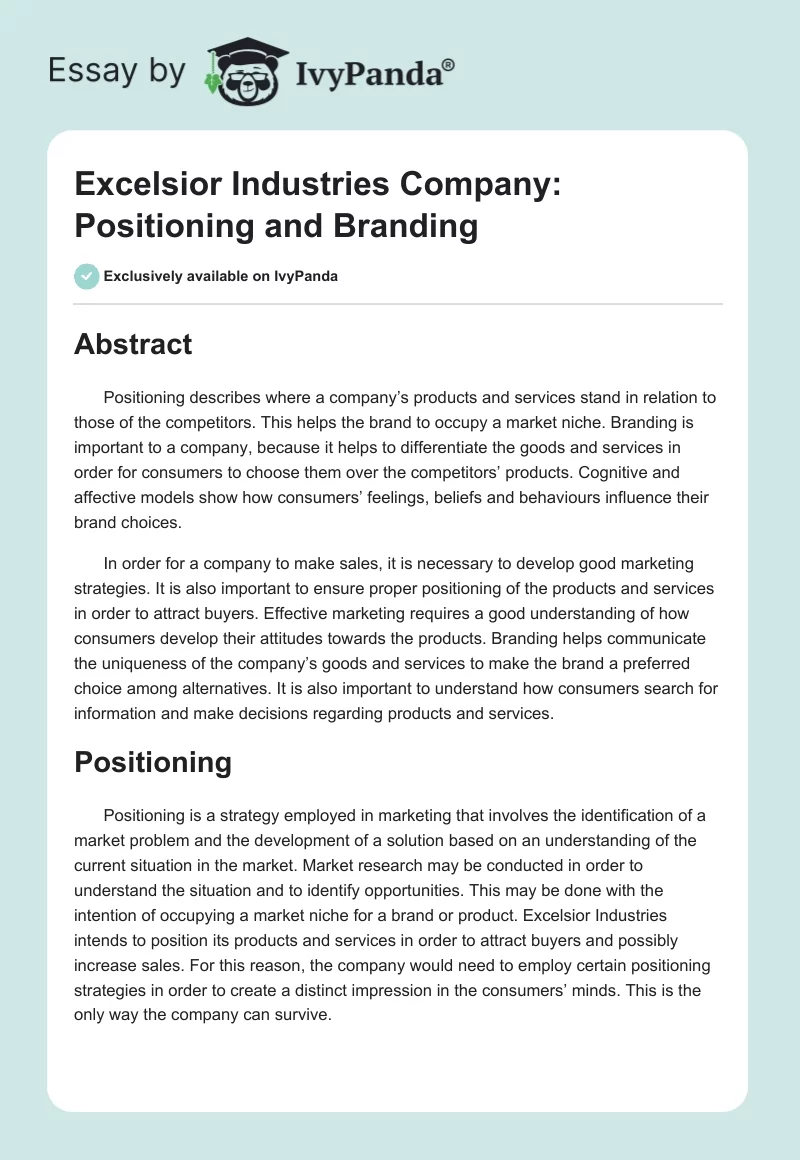 Excelsior Industries Company: Positioning and Branding. Page 1