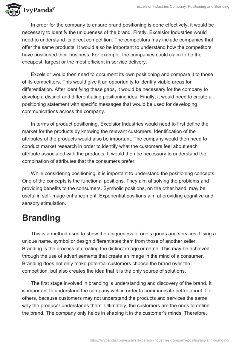 Excelsior Industries Company: Positioning and Branding. Page 2