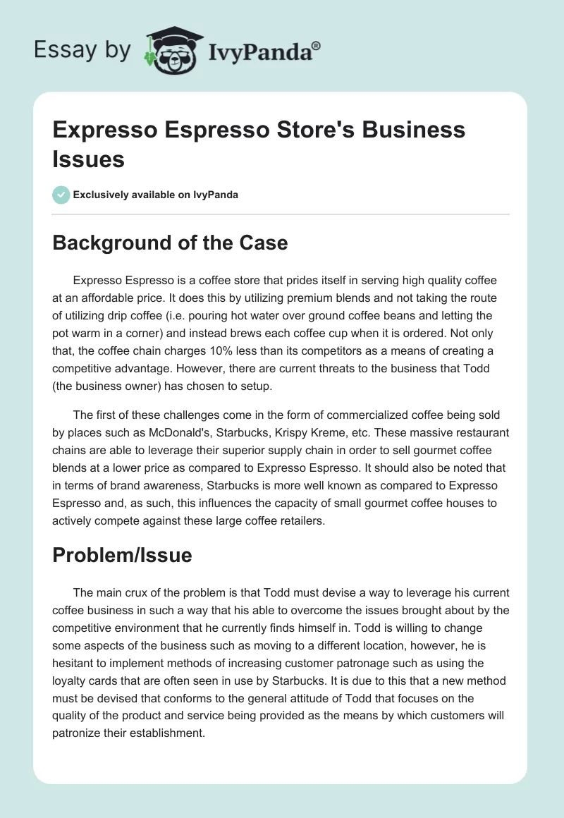 Expresso Espresso Store's Business Issues. Page 1