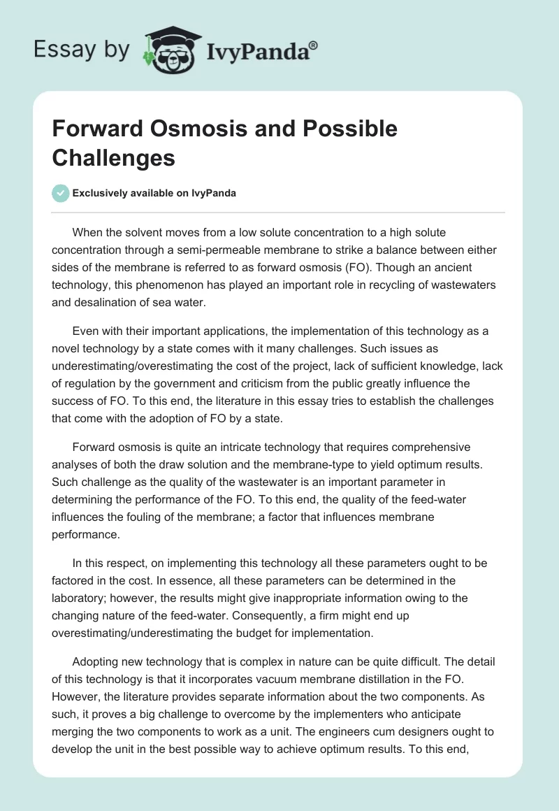 Forward Osmosis and Possible Challenges. Page 1
