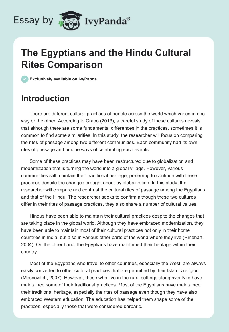 The Egyptians and the Hindu Cultural Rites Comparison. Page 1