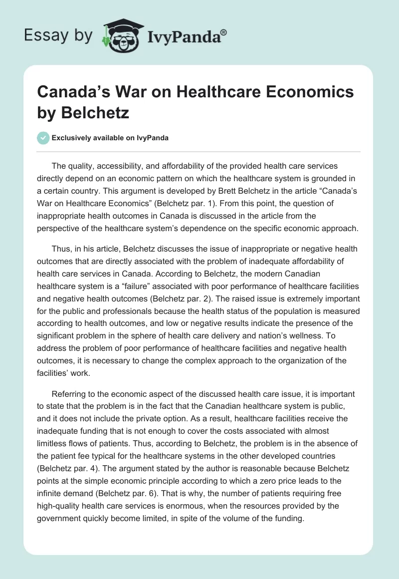 Canada’s War on Healthcare Economics by Belchetz. Page 1