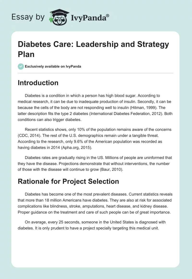 Diabetes Care: Leadership and Strategy Plan. Page 1