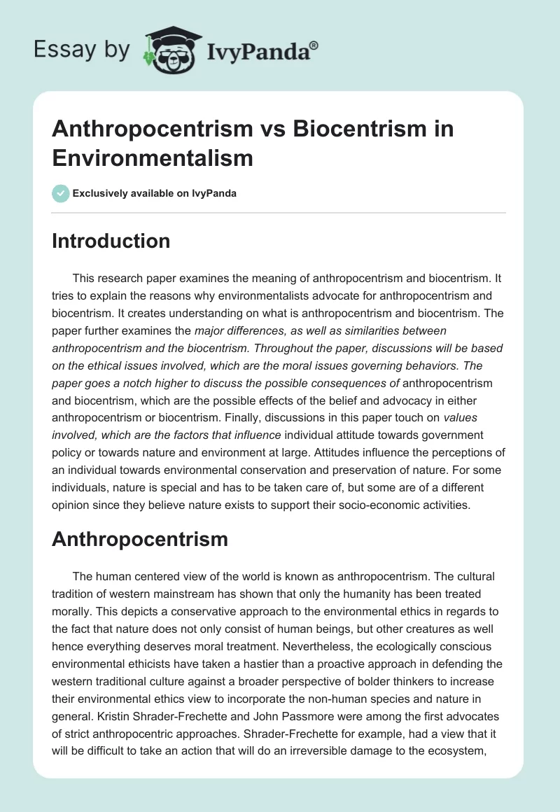 Anthropocentrism vs Biocentrism in Environmentalism. Page 1