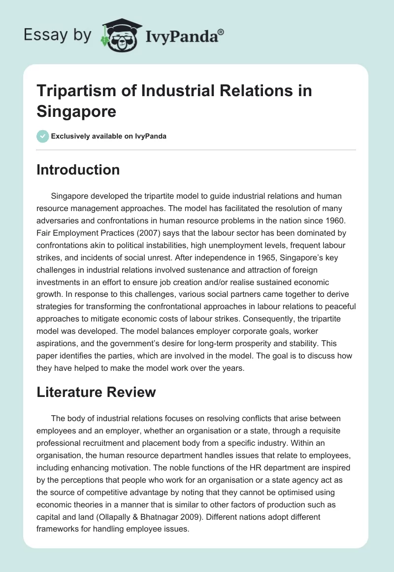 Tripartism of Industrial Relations in Singapore. Page 1