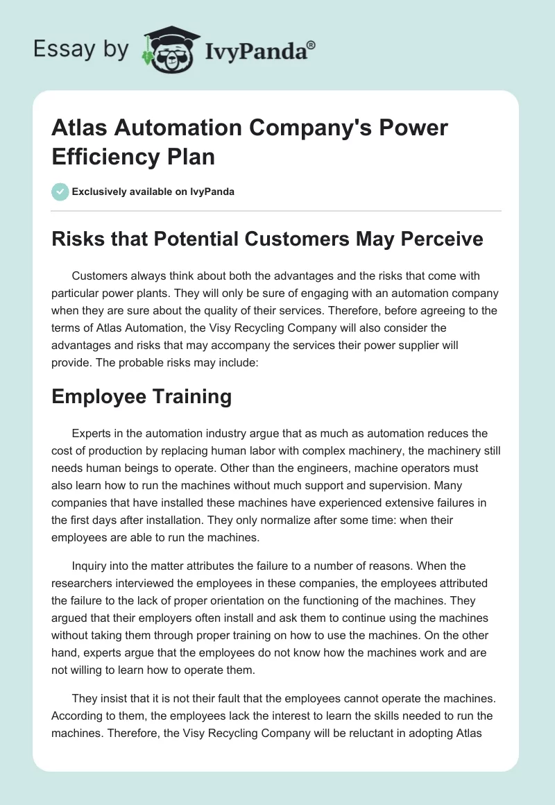Atlas Automation Company's Power Efficiency Plan. Page 1