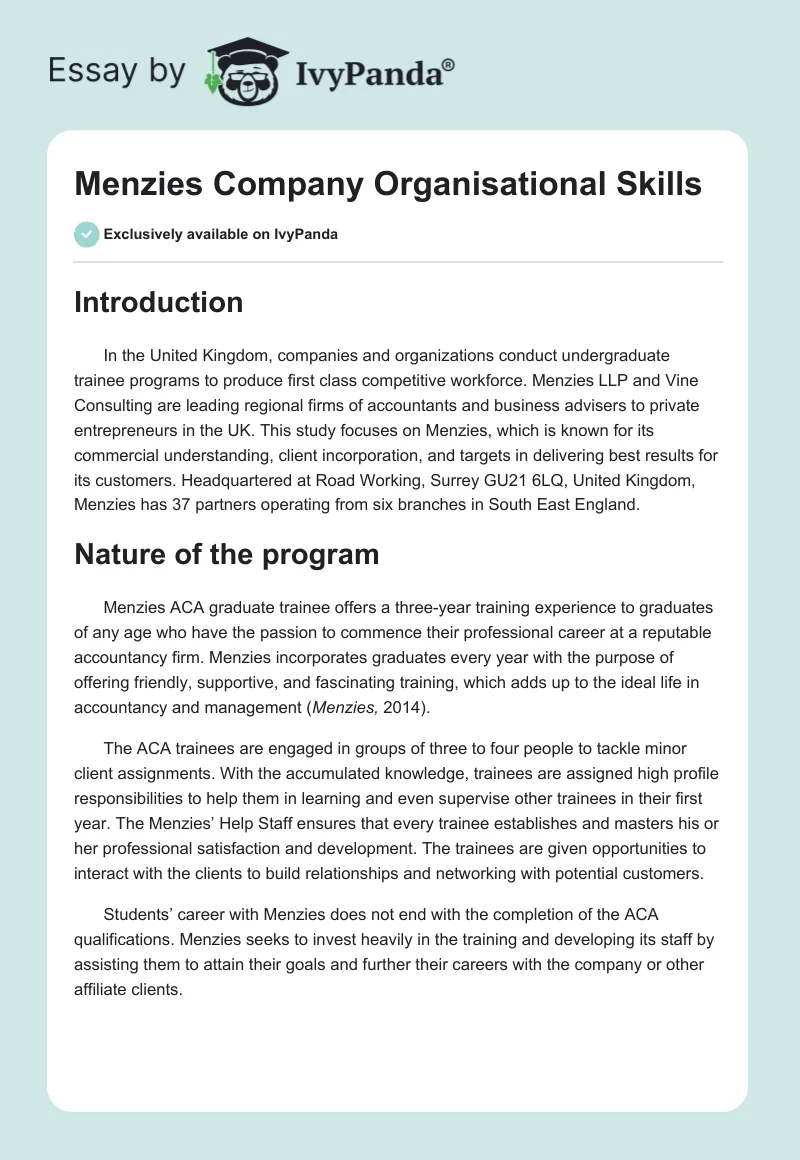 Menzies Company Organisational Skills. Page 1