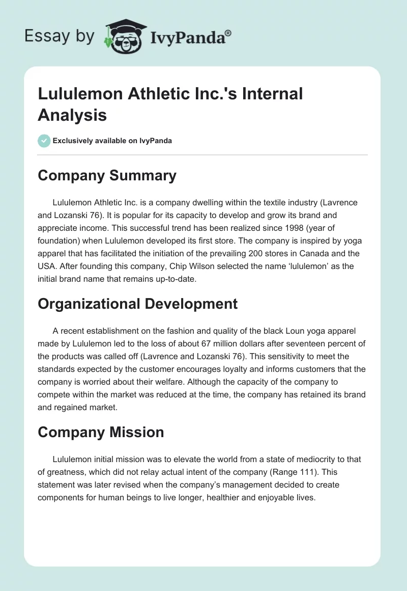 Lululemon Athletic Inc.'s Internal Analysis. Page 1