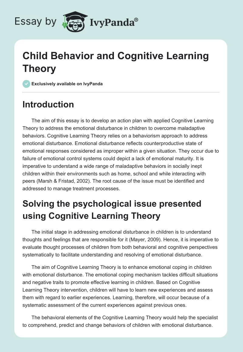 Child Behavior and Cognitive Learning Theory. Page 1