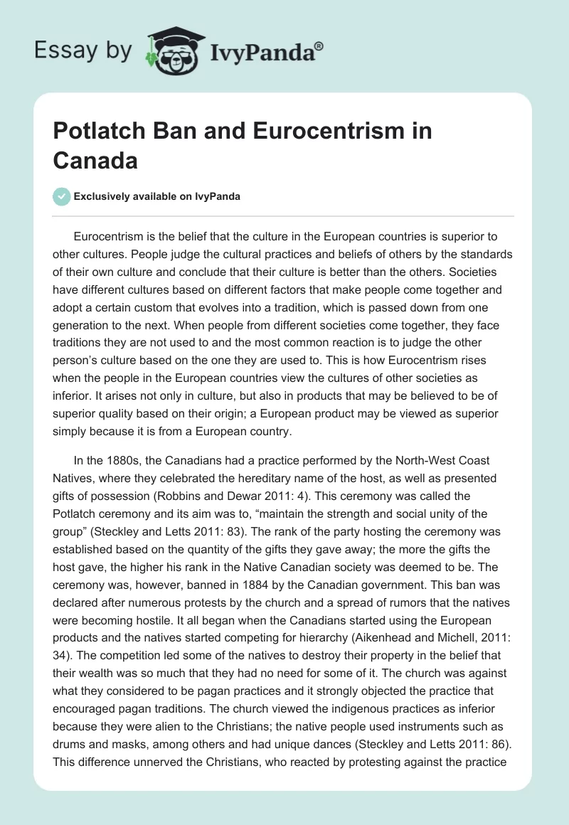 Potlatch Ban and Eurocentrism in Canada. Page 1