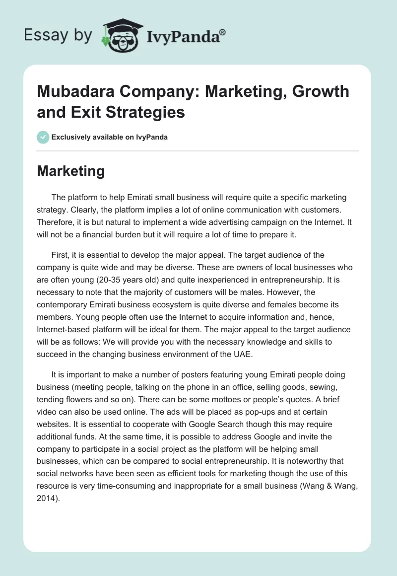 Mubadara Company: Marketing, Growth and Exit Strategies. Page 1