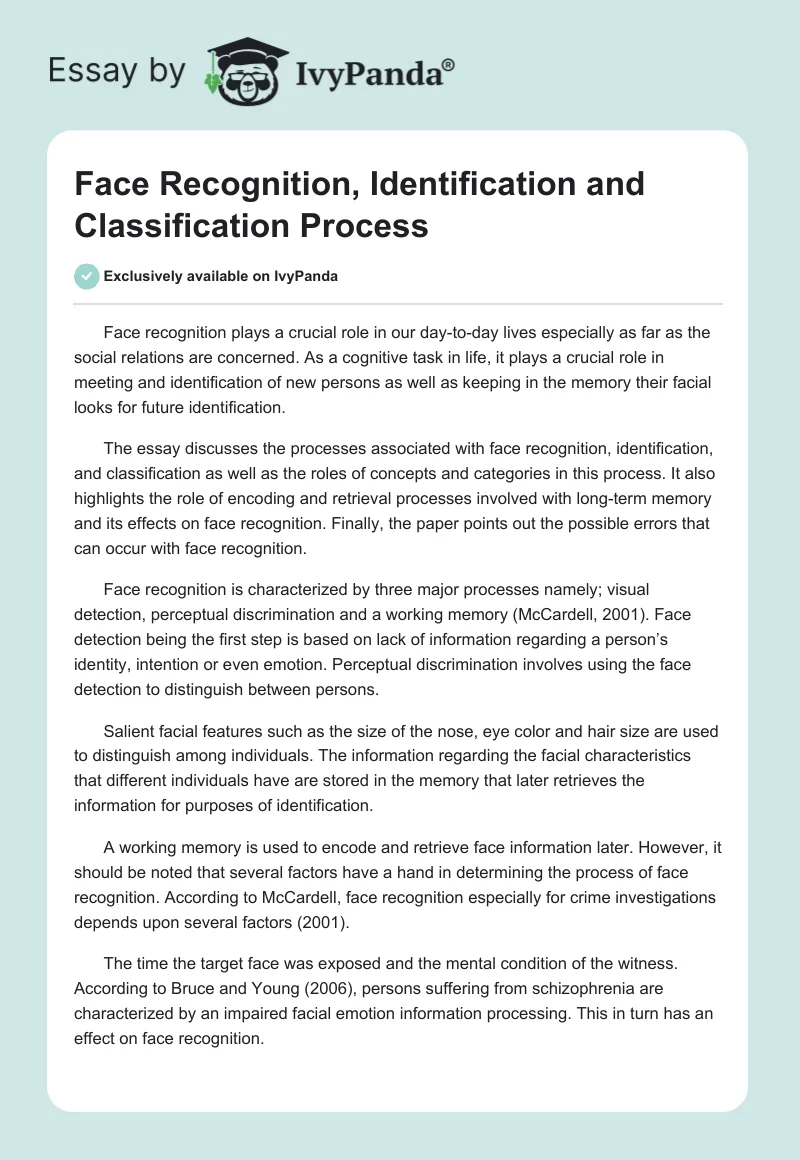 Face Recognition, Identification and Classification Process. Page 1
