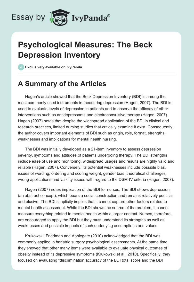 Psychological Measures: The Beck Depression Inventory. Page 1
