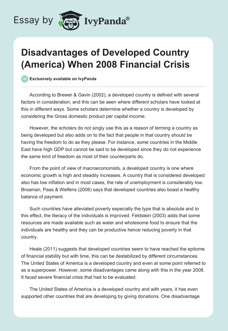 Disadvantages of Developed Country (America) When 2008 Financial Crisis. Page 1